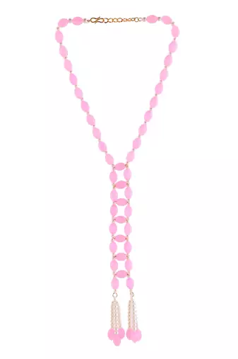 Pink Beaded Long Tassel Necklace For Women | Pearl Drop Designer Fashion Jewellery
