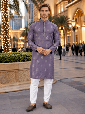 Purple embroidered silk straight kurta 1