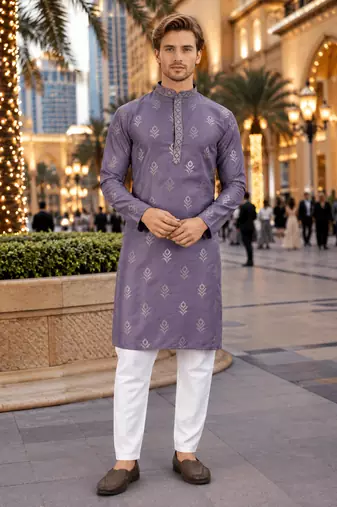 Purple embroidered silk straight kurta