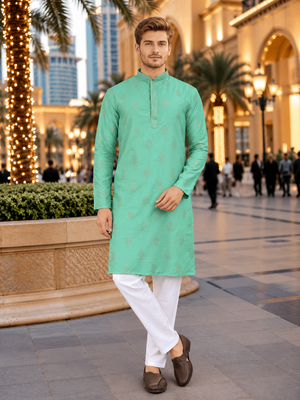 Turquise embroidered silk straight kurta 1