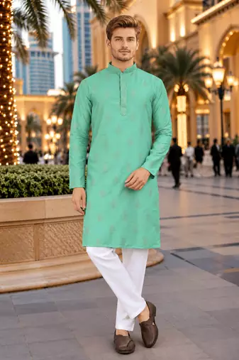Turquise embroidered silk straight kurta