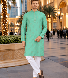 Turquise embroidered silk straight kurta