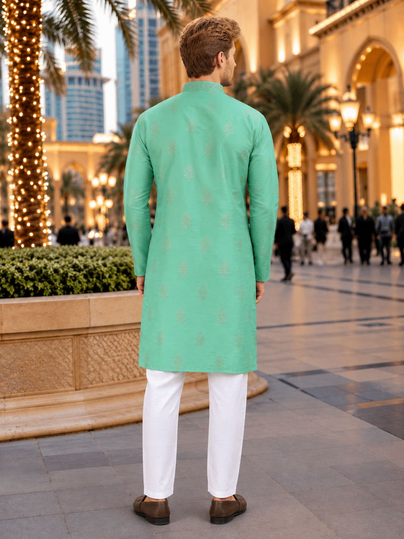 Turquise embroidered silk straight kurta