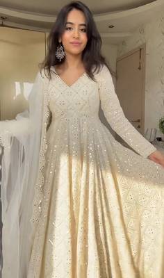 White georgette party wear embroidery anarkali suit set 1