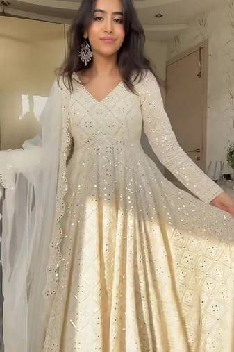 White georgette party wear embroidery anarkali suit set