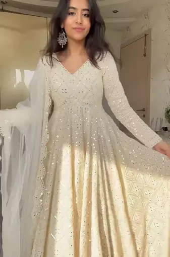 White georgette party wear embroidery anarkali suit set