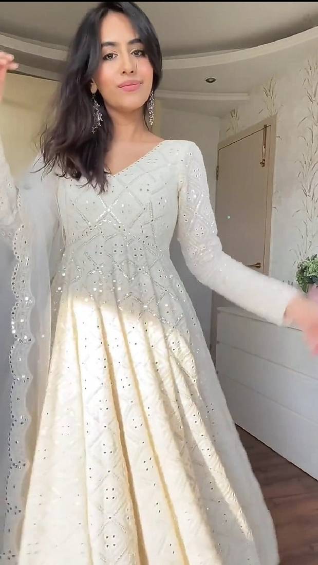 White georgette party wear embroidery anarkali suit set