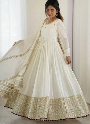 Off white vichitra silk wear embroidery anarkali suit set 1