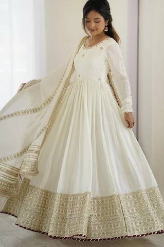 Off white vichitra silk wear embroidery anarkali suit set