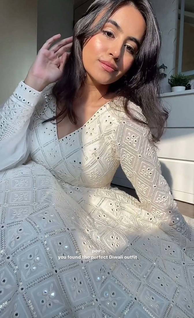White georgette party wear embroidery anarkali suit set