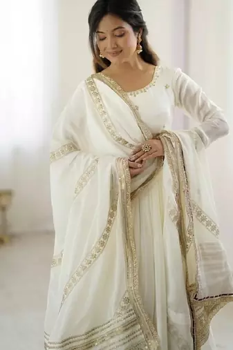 Off white vichitra silk wear embroidery anarkali suit set