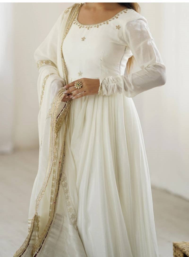 Off white vichitra silk wear embroidery anarkali suit set