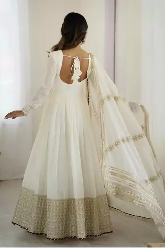Off white vichitra silk wear embroidery anarkali suit set