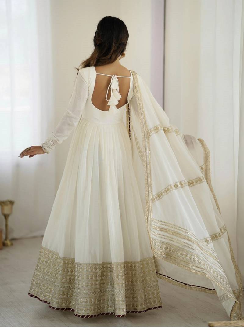 Off white vichitra silk wear embroidery anarkali suit set