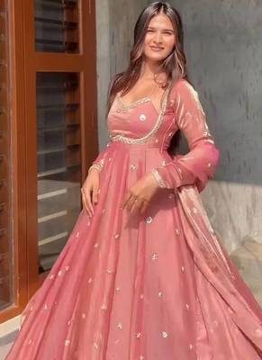 Pink fandy silk  party wear embroidery anarkali suit set 1