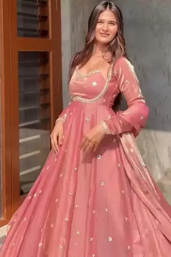 Pink fandy silk  party wear embroidery anarkali suit set