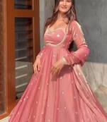 Pink fandy silk  party wear embroidery anarkali suit set