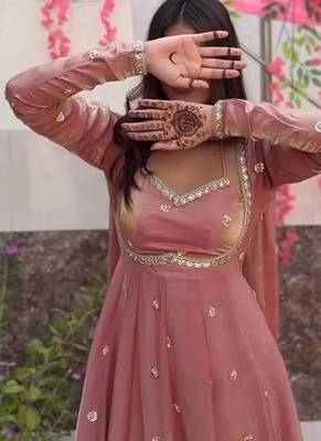 Pink fandy silk  party wear embroidery anarkali suit set 2