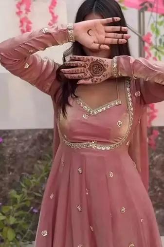 Pink fandy silk  party wear embroidery anarkali suit set