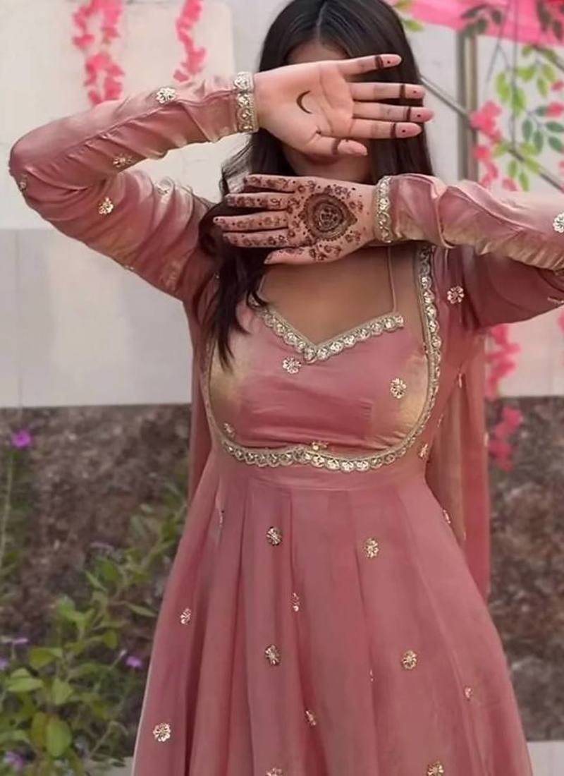 Pink fandy silk  party wear embroidery anarkali suit set