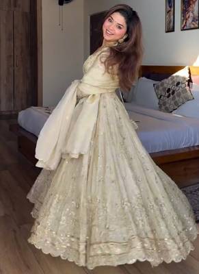Cream chinon silk  party wear embroidery anarkali suit set 1