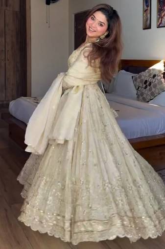 Cream chinon silk  party wear embroidery anarkali suit set