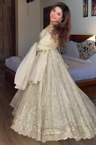 Cream chinon silk  party wear embroidery anarkali suit set
