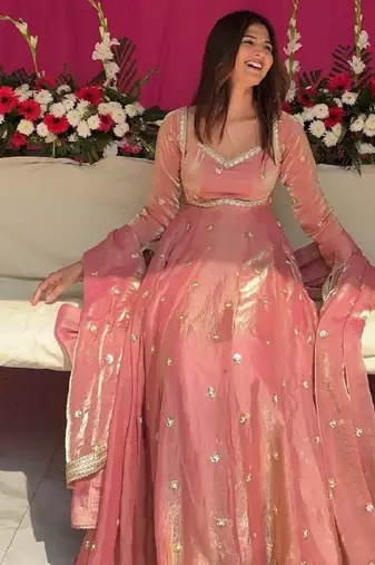 Pink fandy silk  party wear embroidery anarkali suit set