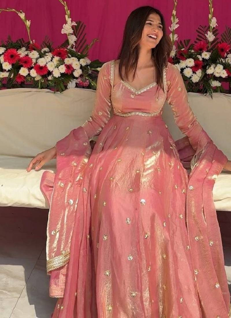 Pink fandy silk  party wear embroidery anarkali suit set