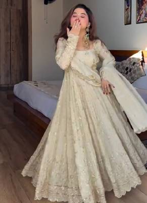 Cream chinon silk  party wear embroidery anarkali suit set 2
