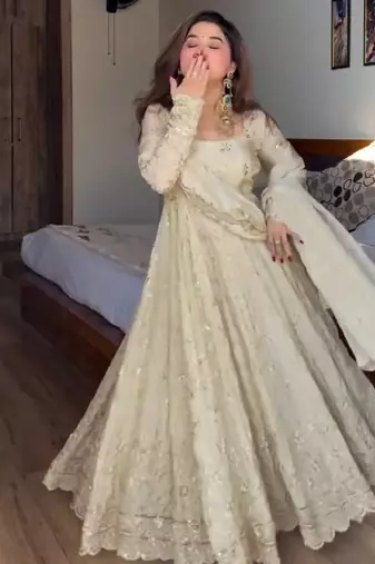 Cream chinon silk  party wear embroidery anarkali suit set