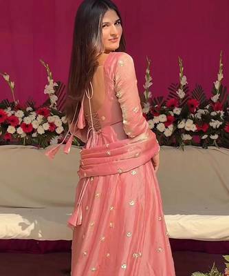 Pink fandy silk  party wear embroidery anarkali suit set 4