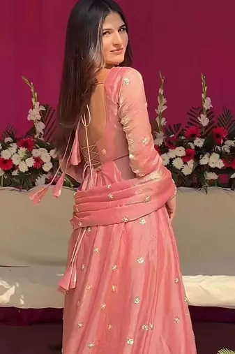 Pink fandy silk  party wear embroidery anarkali suit set