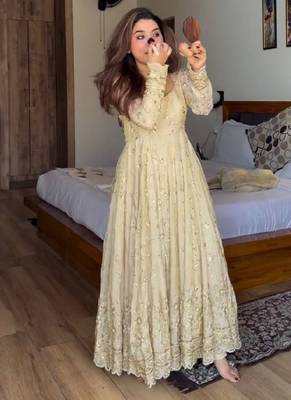 Cream chinon silk  party wear embroidery anarkali suit set 3