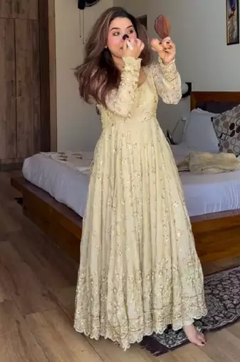 Cream chinon silk  party wear embroidery anarkali suit set