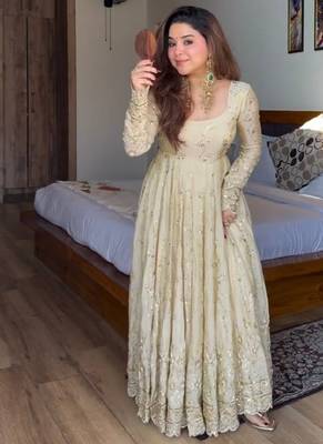 Cream chinon silk  party wear embroidery anarkali suit set 4