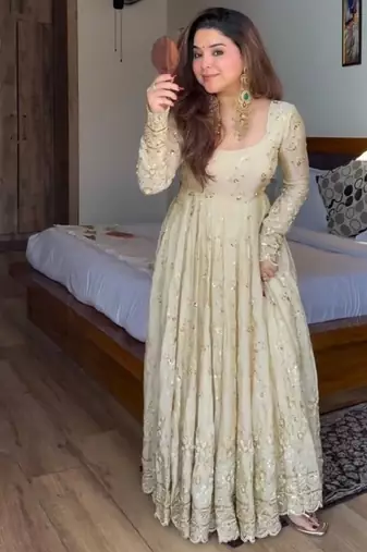 Cream chinon silk  party wear embroidery anarkali suit set