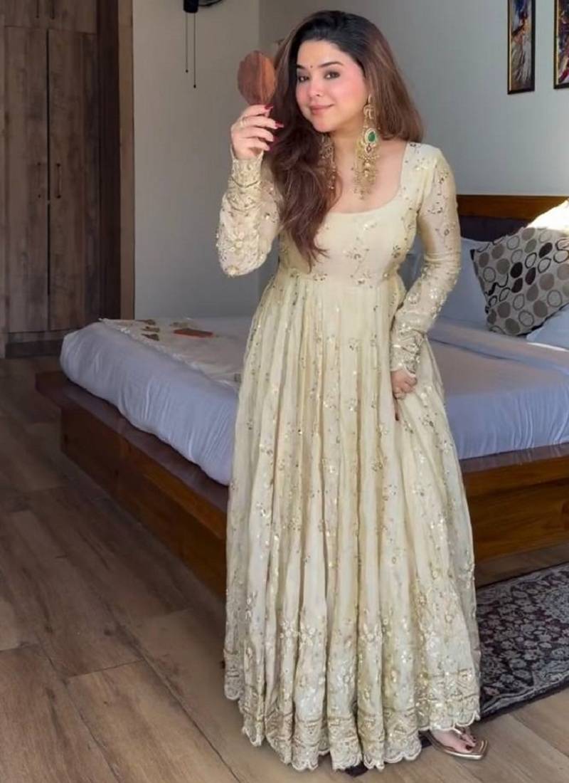 Cream chinon silk  party wear embroidery anarkali suit set