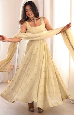 Cream cosmo silk party wear embroidery anarkali suit set 1
