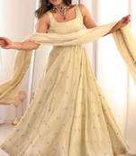 Cream cosmo silk party wear embroidery anarkali suit set