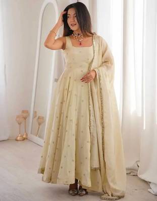 Cream cosmo silk party wear embroidery anarkali suit set 3