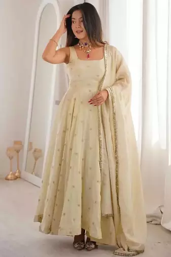 Cream cosmo silk party wear embroidery anarkali suit set