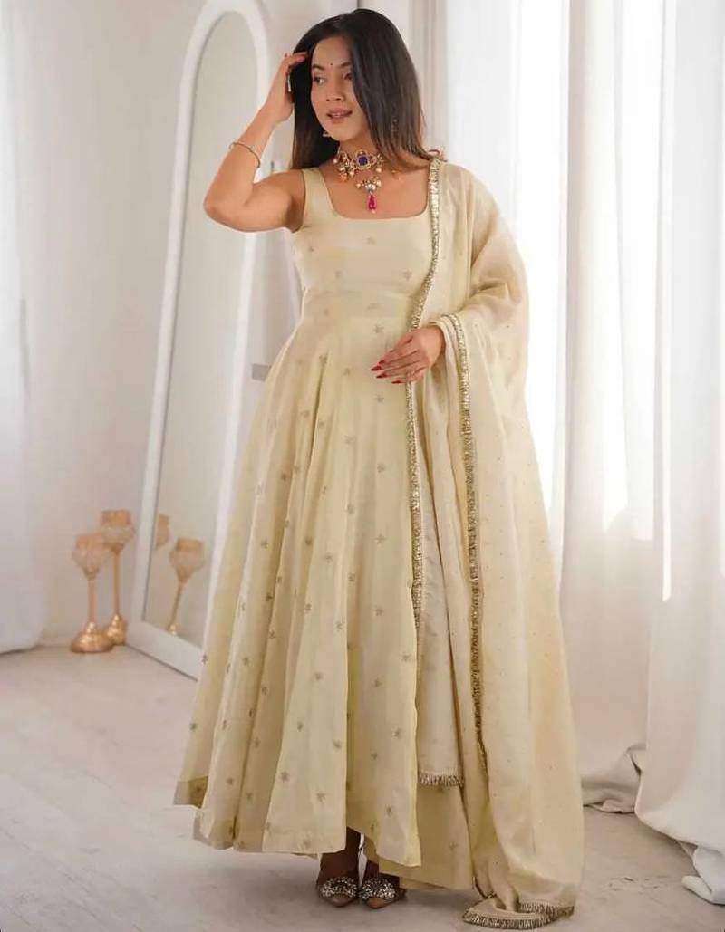 Cream cosmo silk party wear embroidery anarkali suit set