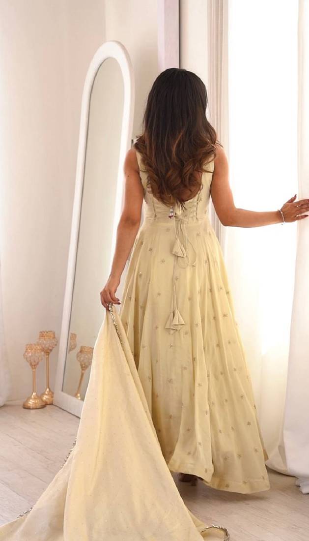Cream cosmo silk party wear embroidery anarkali suit set