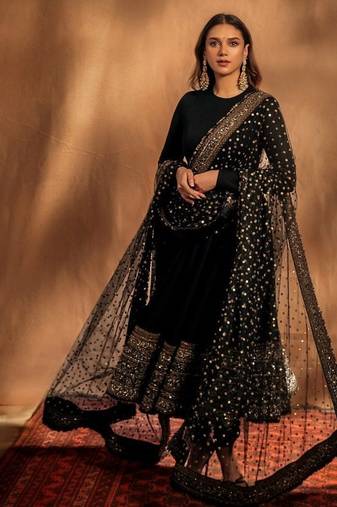 Black rayon party wear embroidery anarkali suit set