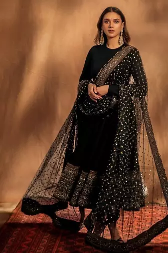 Black rayon party wear embroidery anarkali suit set