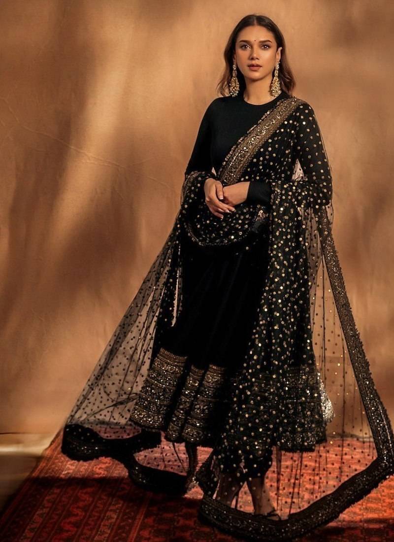Black rayon party wear embroidery anarkali suit set