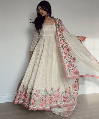 Off white vichitra silk wear embroidery anarkali suit set 1