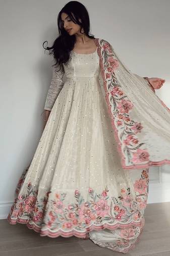 Off white vichitra silk wear embroidery anarkali suit set