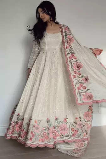 Off white vichitra silk wear embroidery anarkali suit set